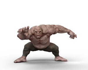 3D rendering of a giant ogre fantasy creature in crouching pose isolated on a white background.