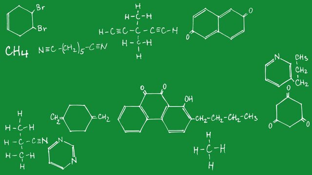 Blackboard with chalk written chemical formula and diagrams. High quality 4k video.
