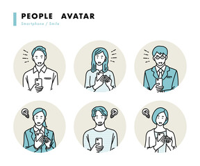 スマホを操作する若い男女のベクターイラストセット　笑顔