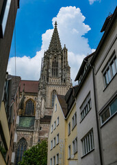 View of Ulm Minster, the tallest church in the world, taken from the streets below.