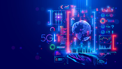 5g internet communications concept. IOT technology in smart city of future. Global wireless network connection. telecommunications system in urban infrastructure. Hi speed world wide web. Wi-fi.