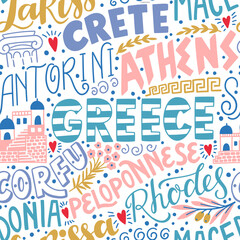 Around the World. GREECE vector lettering seamless pattern. Country and major cities. Vector illustration - obrazy, fototapety, plakaty