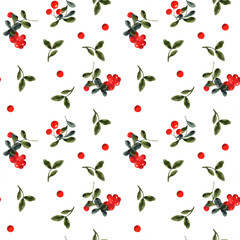 lingonberry watercolor illustration. Seamless pattern for menu and desserts, restaurants and cafes. Design for textile, wrapping , fabric, scrapbooking.