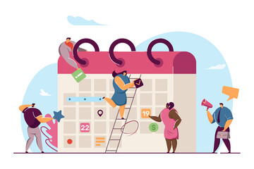 Business team planning events for month with giant calendar. Flat vector illustration. Office workers creating business schedule, defining aims. Entrepreneurship, time management, campaign concept