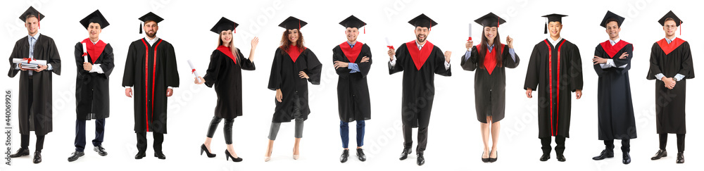 Poster Young male student in bachelor robe and with diploma on white background