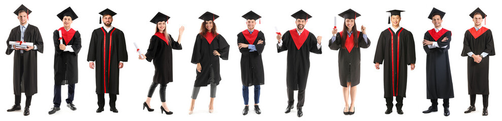 Young male student in bachelor robe and with diploma on white background - Powered by Adobe
