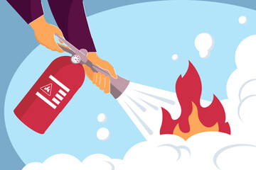 Two hands holding fire extinguisher and putting out fire. Flat vector illustration. Fireman handling flame, emergency situation. Help, safety, fire prevention concept for banner design or landing page - obrazy, fototapety, plakaty