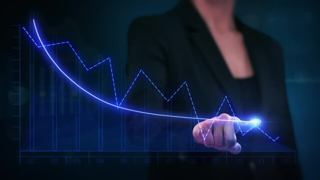 Businesswoman drawing a descending financial chart. Touchscreen. Female hand drawing a bright arrow showing decreasing earnings. Economic collapse, downward trend, business crash.
