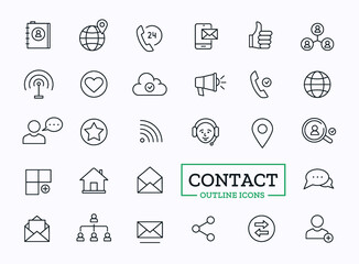 Contact Icons for Web. Vector Outline Communication Social Symbols.