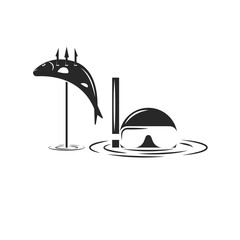 Underwater hunter in a mask and snorkel for diving in the water with a trophy in the form of a fish on a harpoon, human head above water black and white vector spearfishing illustration.