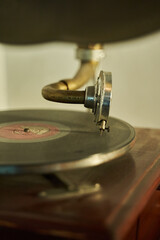 Closeup of Vintage Gramophone Playing a Record