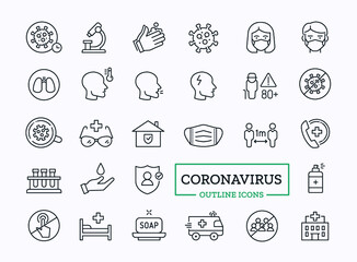 Vector Coronavirus COVID-19 thin line icons isolated on white. Precaution tips with signs of old man, bacterium, headache, cough, medical mask, microscope, soap.
