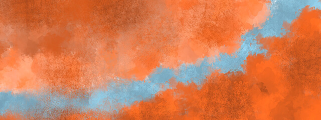 Abstract grunge background with ink spots in tangerine color. Orange vintage banner made of paint stains