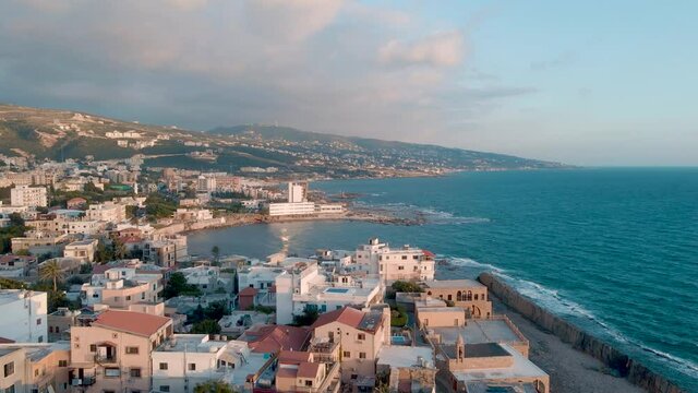 An aerial drone shot of Batroun, Lebanon
