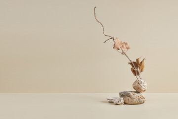 Abstract nature scene with composition of stones and dry branch. Neutral beige background for cosmetic, beauty product branding, identity and packaging. Natural pastel colors. Copy space, front view.