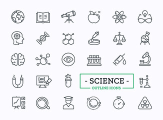 Science and microbiology linear icons with silhouette signs of flask, microscope, dna. Vector lab equipment