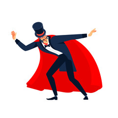 Showman spreading hands, show begins. Magician wearing suit, red cloak and top hat standing. Snowman posing playful looking aside smiling cheerful full body shot. Cartoon vector illustration isolated