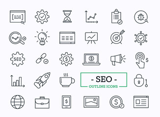Search Engine Optimization Vector Outline Icons. SEO Elements.