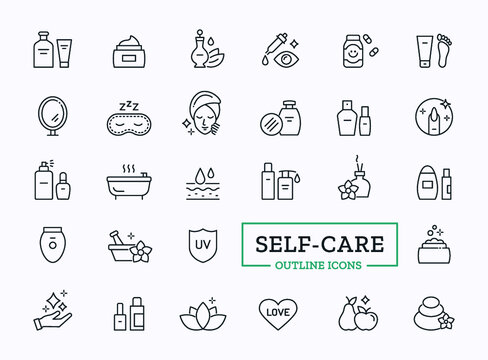 Beauty care and cosmetics thin line related icons. Vector symbols of skin protection, cream tubes, lotion, essential oil