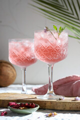 iced rose cocktails with spearmint