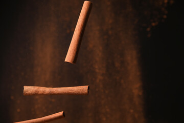 Falling cinnamon sticks and powder on dark background