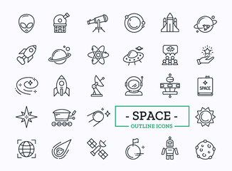 Space Thin Line icons. Vector Outline Symbols for web. Cosmos exploring, planet, star, cosmonaut sign