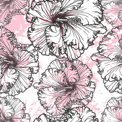 Tropical flowers seamless pattern. Floral background hand-drawn in ink. Exotic blooming Hibiskus flowers design. © Ekonst