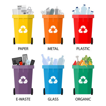 Colored waste bins with trash. Bin type isolated on white background.  paper, organic, metal,plastic,e-waste and glass for recycling. Waste management concept. vector illustration in flat style modern