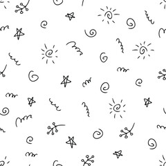 Doodle seamless pattern of sun and stars summer theme. Perfect for scrapbooking, textile and prints. Hand drawn vector illustration for decor and design.
