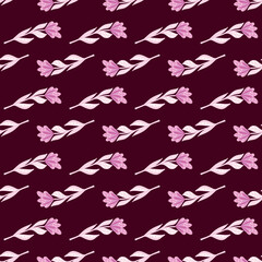 Little pink simple flowers shapes seamless doodle pattern. Dark maroon background. Botanic doodle style.