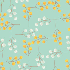 Botanic seamless pattern with grey and yellow abstract berries silhouettes. Blue pastel background.