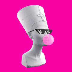Funny illustration from 3d rendering ofhead sculpture Nefertiti in pixel glasses, blowing a pink...