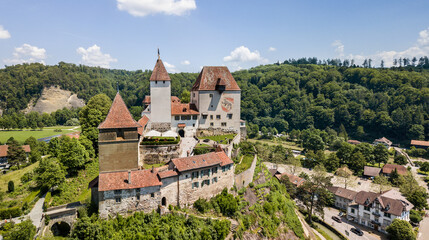 Drone image of the medieval castle of Burgdorf, which was built in 11th century. It is a Swiss...