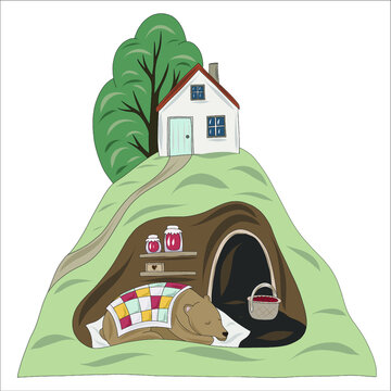 Cozy Den On The Ziu. Bear Hibernation In A Den With Supplies Under The Tree House. Vector Illustration