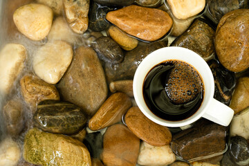 High angle view of a coffee on rocks in a stream flowing with clear water.