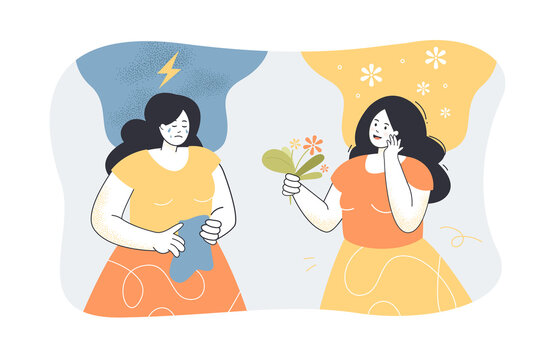 Girl in good and bad mood. Inside head of woman with premenstrual syndrome, calm mind and stress flat vector illustration. PMS, mental health concept for banner, website design or landing web page