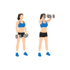 Fototapeta na wymiar Woman doing Dual two arm dumbbell front shoulder raises exercise. Flat vector illustration isolated on white background