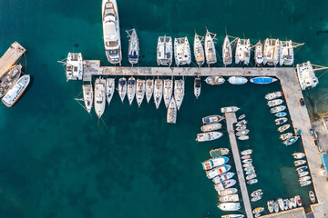 Paros island, Parikia marina port aerial drone view. Greece,  Cyclades.