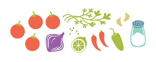 Fresh raw ingredients for salsa or pico de gallo. Horizontal vector illustration isolated on white.