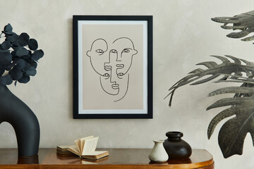 Stylish composition of creative living room interior with mock up poster frame, wooden commode,...