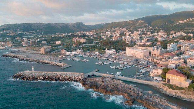 An aerial drone shot of Batroun, Lebanon