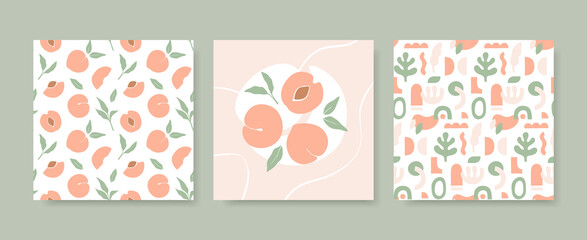Simple peach seamless pattern. Hand drawn design templates. Vector collection of summer prints.