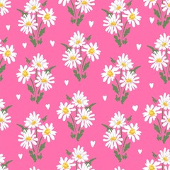 Fototapeta na wymiar Sketch flowers Camomile on a pink background. Seamless Pattern with daisy. Chamomile Vector Trend Summer Print for textile