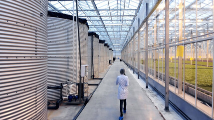 Tomatoes growing in a greenhouse. Organic vegetable greenhouse garden. Tomato bunch.