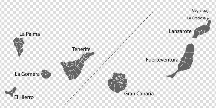 lank map Canary Islands in gray. Every Island map is with titles. High quality map of  Canary Islands with districts on transparent background for your  design.  Africa. Spain. EPS10.