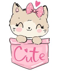 Cute Cat with Bow sitting in a pocket vector Sketch, Print Design Kitty, children print on t-shirt.