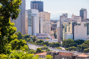 lapa arches and buildings of the city center, seen from the top of the Santa Teresa neighborhood in Rio de Janeiro, Brazil