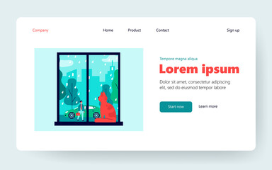 Red cat in windowsill. Pet looking out window, watching his owner outside in rain flat vector illustration. Domestic animal concept for banner, website design or landing web page