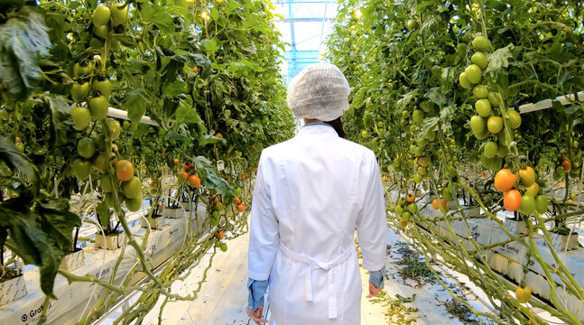 AERIAL. Back view woman agriculture expert assess situation i greenhouse. Top view.