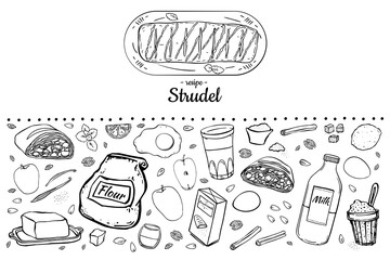 Illustration set of items for making Viennese traditional strudel.